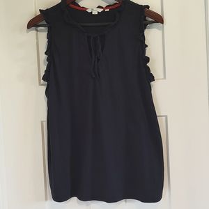 Boden sleeveless navy blue ruffle shirt